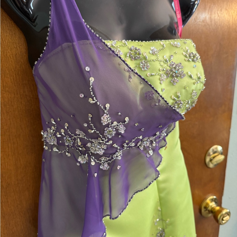 Maggie Sottero Lime Green and Purple Asymmetrical One Shoulder Gown